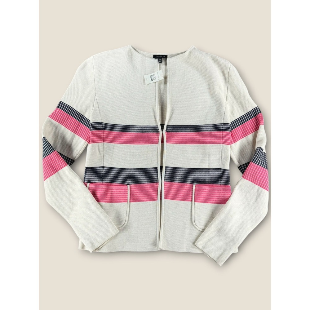 Talbots Women XS Ivory Pink Navy Striped Open Front Cardigan Sweater 50242016